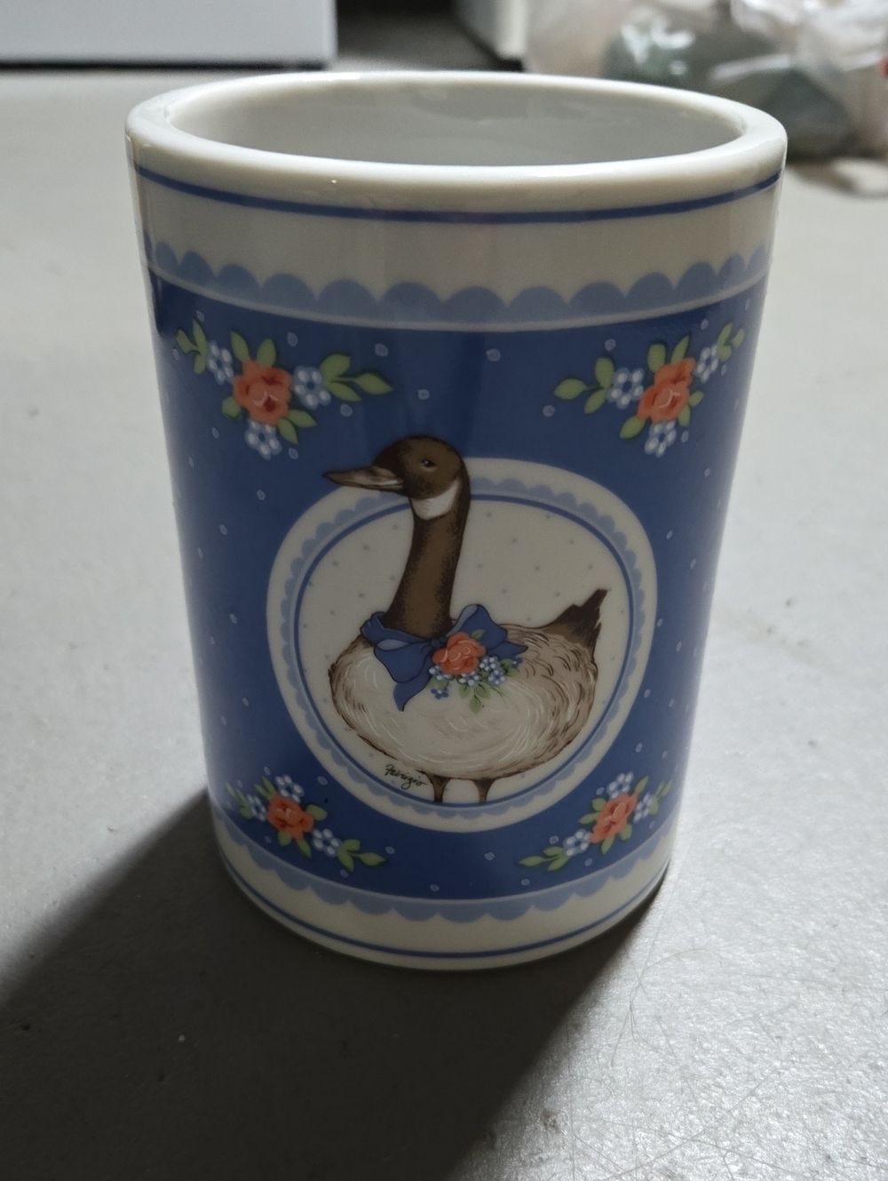 Antique Decorative Blue Floral Goose Ceramic Utensil Holder